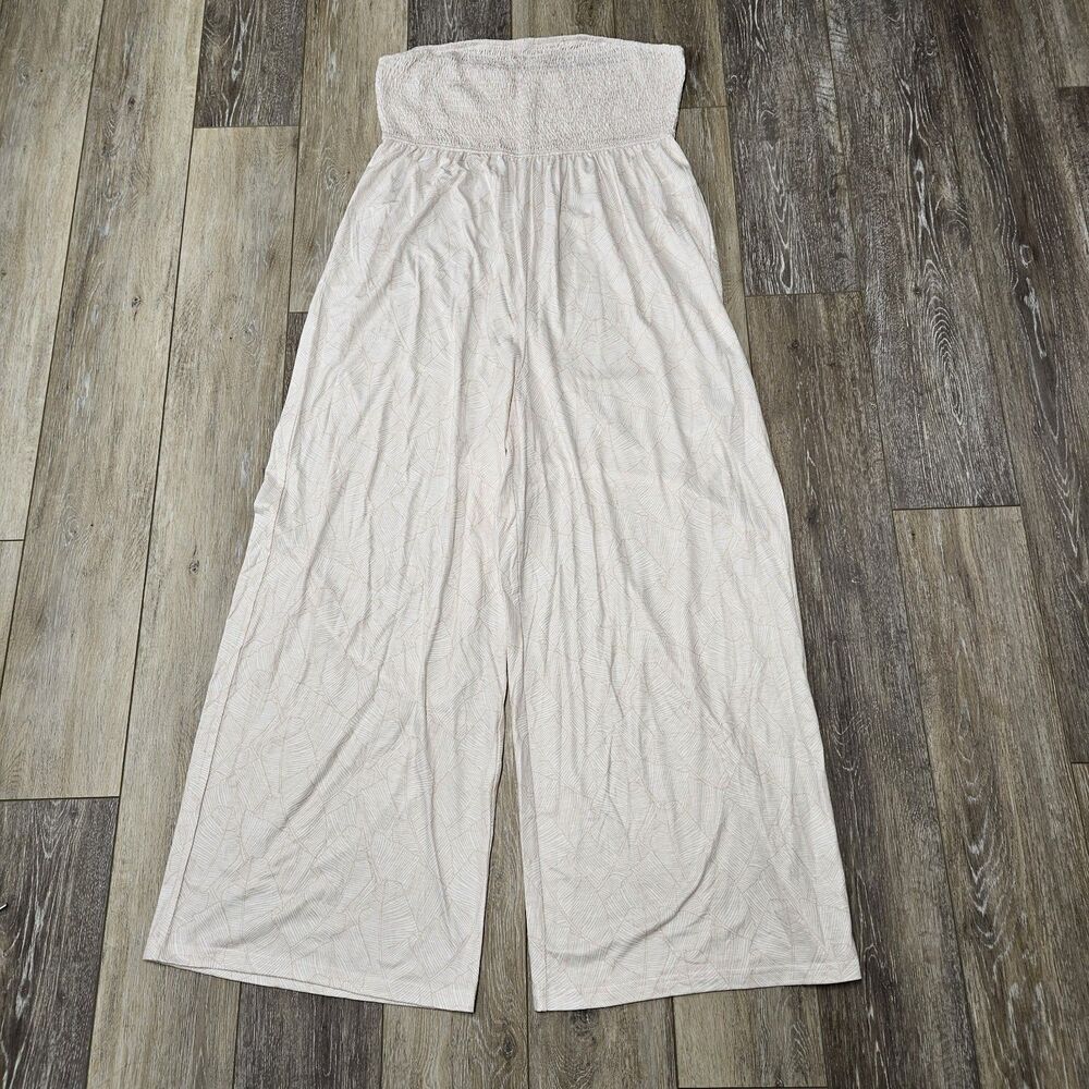 Cupshe Wide Leg Smocked Strapless Jumpsuit White Leaf Pattern Women's XL